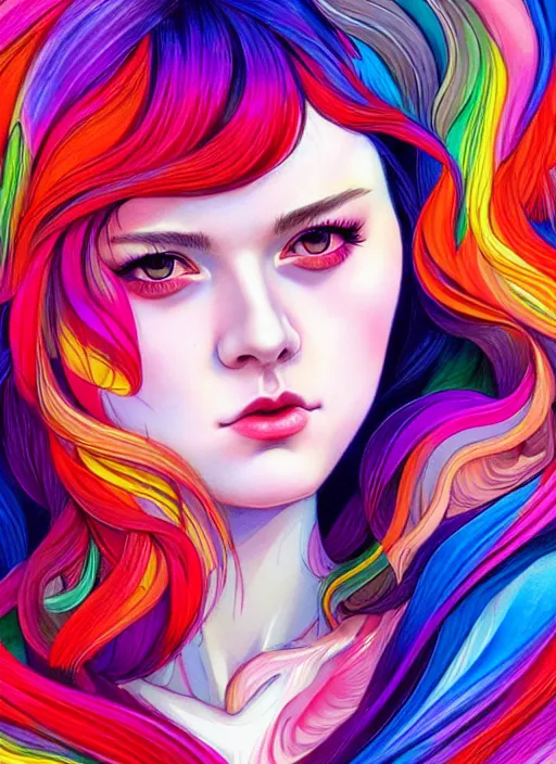 Prompt: photo of a gorgeous young woman in the style of Martine Johanna, draped in flowing fabric, colorful energetic brush strokes, realistic, sharp focus, 8k high definition, insanely detailed, intricate, elegant, art by stanley lau and artgerm