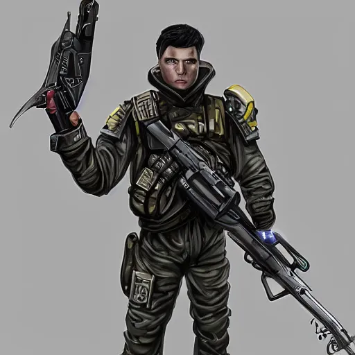 Image similar to a futuristic soldier holding plasma gun, sci - fi, concept art, fantasy illustration, sharp, ultra detail, angry face