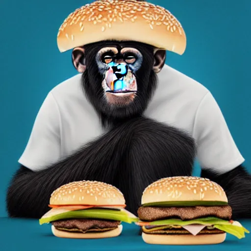 Prompt: surreal portrait of chimpanzee eating a mcdonald's big mac hamburger, extra onions and ketchup, hyperdetails, displacement mapped octane render, luscious patty with sesame seeds, ethereal, handsome, D&D, fantasy, intricate, elegant, highly detailed, digital painting, artstation, concept art, matte, sharp focus, illustration, art by Artgerm and Greg Rutkowski and Alphonse Mucha