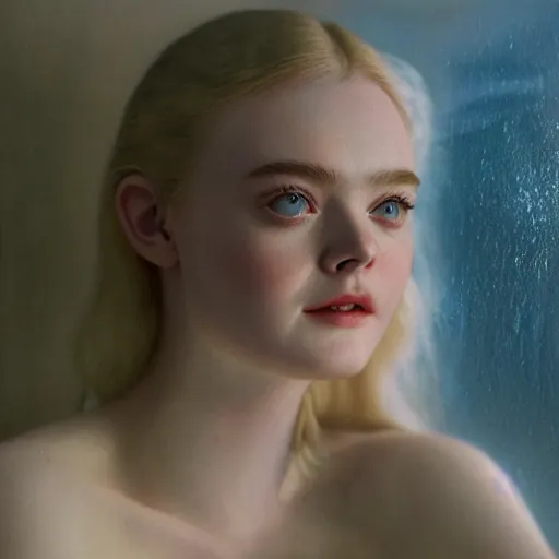 Prompt: Elle Fanning in a glass of water in the world of Jamie Coreth, head and shoulders portrait, stormy weather, extremely detailed masterpiece, oil on canvas, low-key neon lighting, artstation, Blade Runner 2049, Roger Deakin’s cinematography, by J. C. Leyendecker and Peter Paul Rubens and Edward Hopper and Michael Sowa,