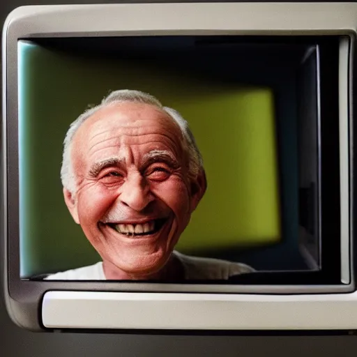 Prompt: a smiling old man on an old tv screen