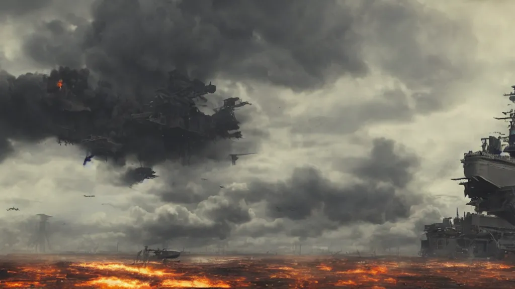 Image similar to an immense steampunk aircraft carrier crashed and burning in a field, thick black smoke billowing, turbulent storm clouds, dystopian, sharp focus, octane render, imax