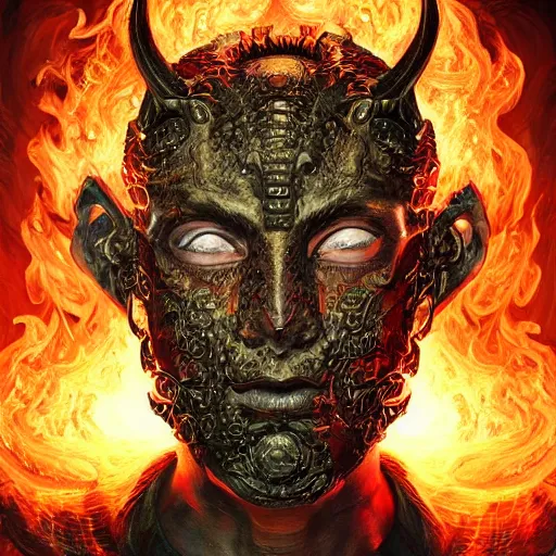 Prompt: Very very very very highly detailed epic photo of face with fiery demonic venetian mask, intricate, dystopian, sci-fi, extremely detailed, digital painting, artstation, concept art, smooth, sharp focus, illustration, intimidating lighting, realistic, incredible art by Artgerm and Vincent di Fate and Anton Pieck