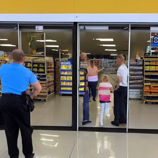 Image similar to determined man holds the automatic doors at Walmart open while straining and screaming and crowd looks on with awe