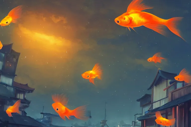 Prompt: fantasy art of glowing goldfish floating in the air, in a japanese town at night, by makoto shinkai, highly detailed digital art, trending on artstation