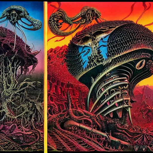 Image similar to thrash metal album cover in the style of roger dean, realistic, sharp focus, 8k high definition, insanely detailed, intricate, elegant, art by virgil finlay and philippe druillet