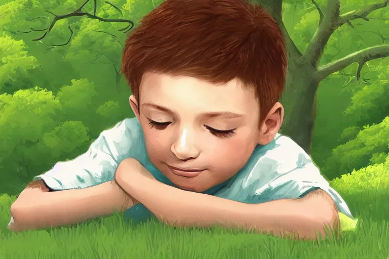 Image similar to a beautiful illustration of a little cute boy on his bed dreaming about a beautiful green forest, detailed face, beautiful colors, digital art