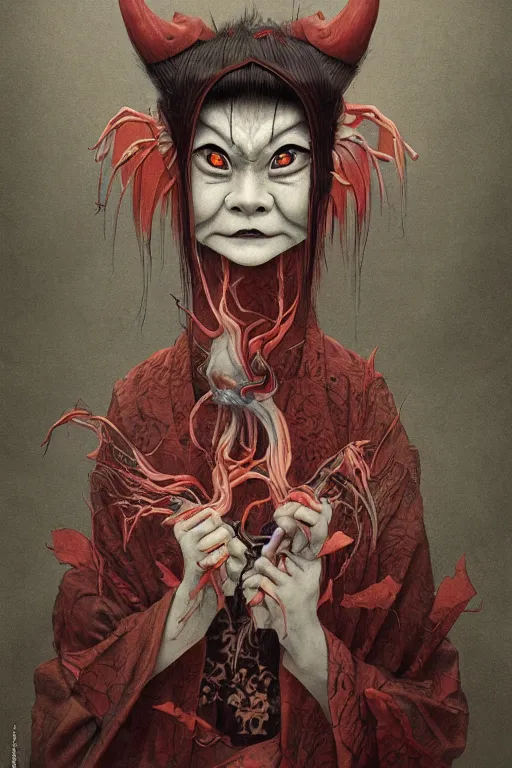 Prompt: a portrait of a japanese devil yokai ghost illustrated by miyazaki by karol bak, james jean, tom bagshaw, rococo, sharp focus, trending on artstation, cinematic lighting, hyper realism, octane render, 8 k, hyper detailed, vivid, ultra detailed, highly detailed