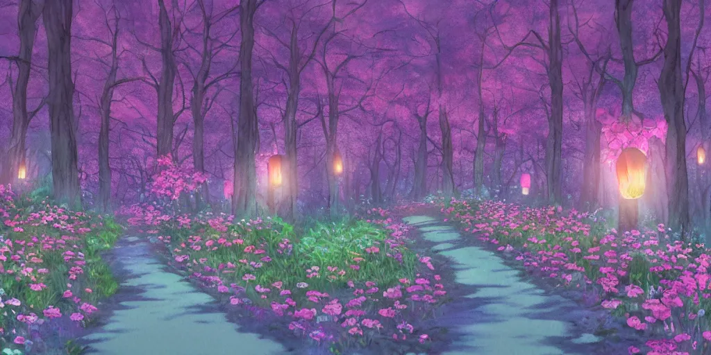 Prompt: path through a wide forest, modern flowers and fierflies, lanterns. pastel!! watercolor art, expansive cinematic view, volumetric shading, intricate and detailed, highly saturated colors. by madeon. breath of the wild style, by hayao miyazaki ghibli!!!. pink!! accents. trending on artstation. award winning