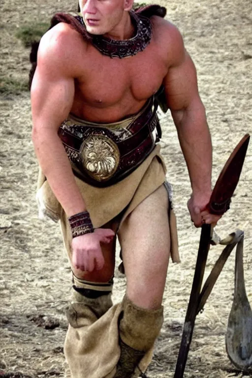 Prompt: sneering roman legioneer, blonde short hair. big muscles. by Everyone.