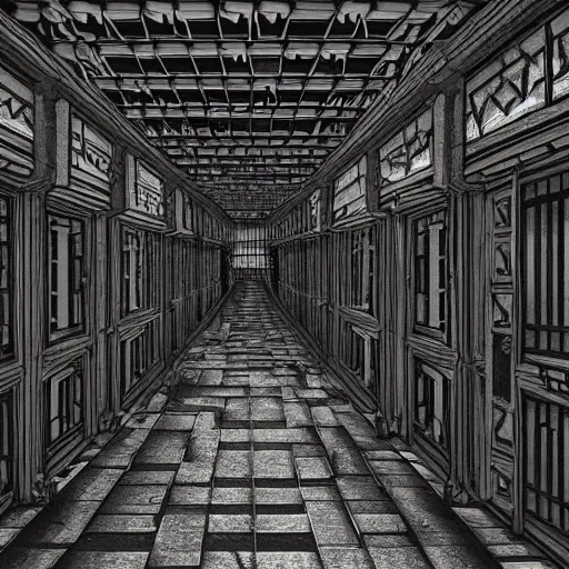 Image similar to a terrifying dark hallway with many doors and many stairs, impending doom, horror, Mc Escher architecture, epic composition, anime key visual