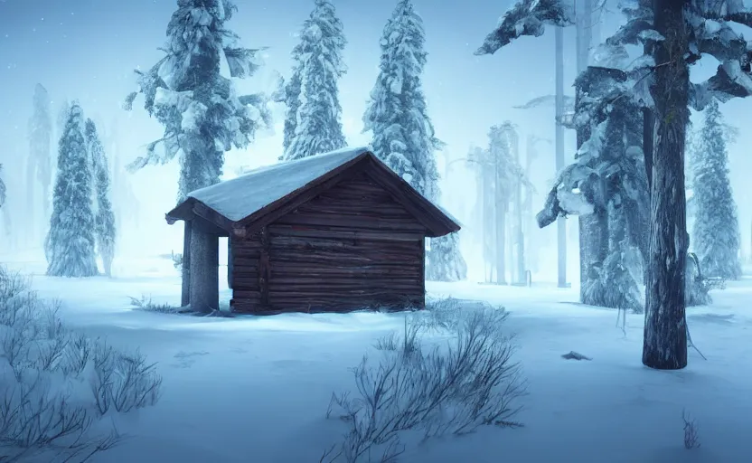 Image similar to A abandoned wooden hut in a winter forest environment concept, northern lights, horror game, artstation