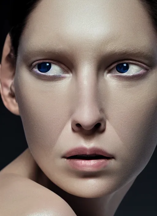 Prompt: hyper realistic and detailed closeup photo of a female android with hard surface panels and led lights by annie leibovitz