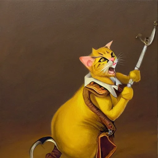 Image similar to masterful, high quality oil painting of a yellow cat dressed as don quixote, fighting giants