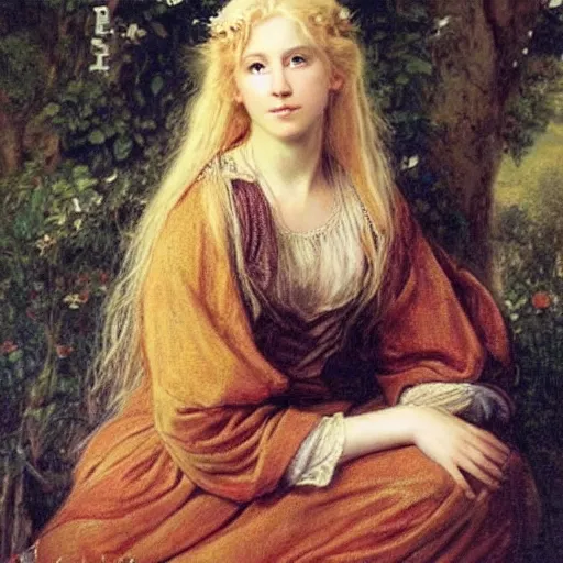 Image similar to A beautiful Blonde Woman with Locks in the style of Sophie Anderson, Portrait