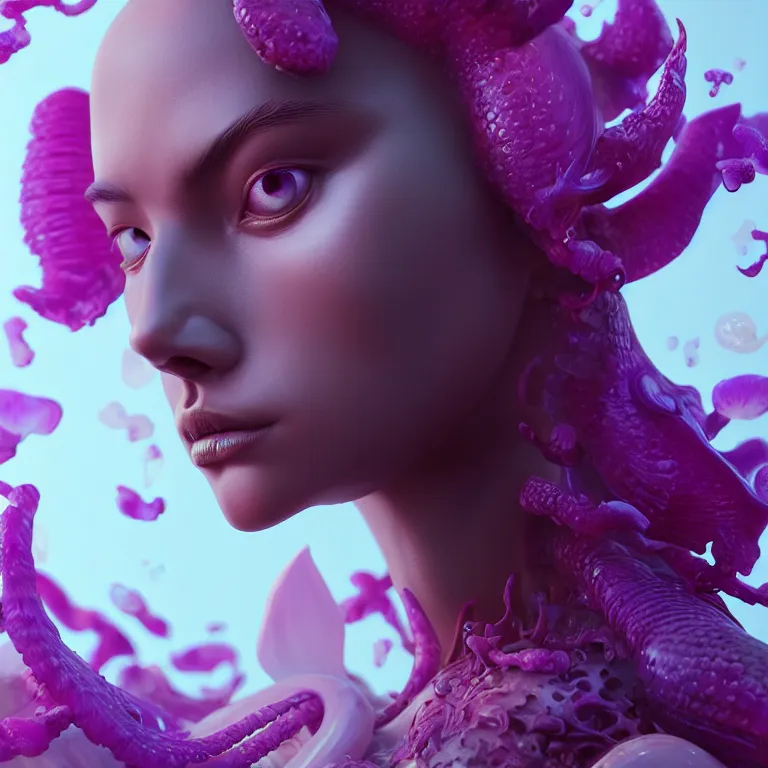 Image similar to goddess full painted acryllic sculpture close-up portrait. orchid bird phoenix jellyfish betta fish, intricate artwork by Tooth Wu and wlop and beeple. octane render, trending on artstation, greg rutkowski very coherent symmetrical artwork. cinematic, hyper realism, high detail, octane render, 8k