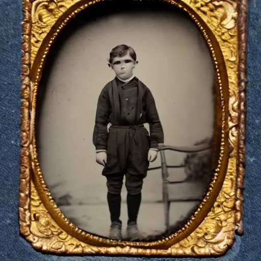 Prompt: tintype photo, boy with arms for legs