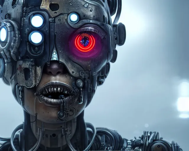 Prompt: close up symmetrical portrait photo of a cyborg robot female with glowing eyes and chrome skin in post apocalyptic cyberpunk wasteland. art by greg rutkowski. highly detailed 8 k. vibrant. bright. intricate. lifelike. soft light. nikon d 8 5 0.