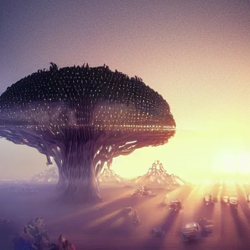 Image similar to cybertronic organic mystical megastructure luminous crystal architectures in the sky like the tree of life evolving, mutating, adapting into eternity, into infinity, beyond the event horizon of fate by albert bierstadt, by glen small, by giovanni battista piranesi, photorealistic, god rays, octane render, depth of field, volumetric light, volumetric fog, holy spirit