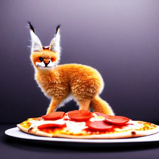 Image similar to a macro photo of cute fluffy caracal toy and a slice of pizza, cheese and pepperoni, hyper realistic, hyper detailed, 35mm, very grainy film, volumetric studio lighting, bokeh, black background award winning shot, vogue magazine, cinematic, 8k, very closeup, elegant, tender, pastel