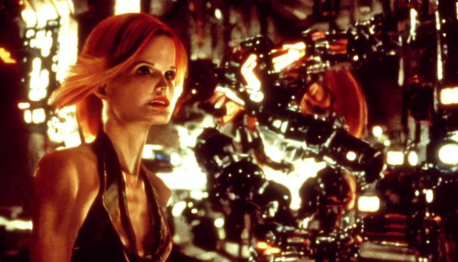 Prompt: perpetual motion machine intense moment, cinematic stillframe, dramatic lighting, The fifth element, vintage robotics, starring Geena Davis