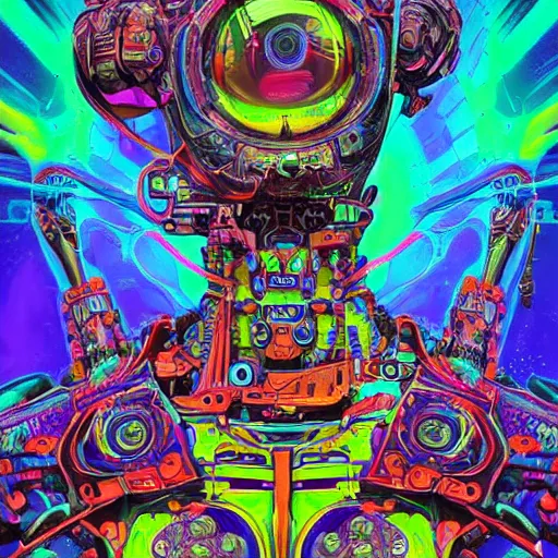 Image similar to An extremely psychedelic experience, colorful, surreal, mecha, robot portrait,LSD, face, jet turbine, tarot, detailed, intricate, elegant, highly detailed, super detailed, insane detailed, digital painting, concept art, smooth, sharp focus, unreal engine, illustration, art by josan gonzales, Krenz Cushar, Marco Plouffe, dan mumford, Artem Demura and alphonse mucha