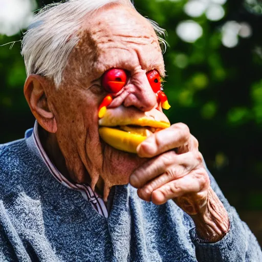 Image similar to portrait of a elderly man throwing a hotdog, 🌭, canon eos r 3, 8 0 mm f / 1. 2, iso 2 0 0, 1 / 1 6 0 s, 8 k, raw, unedited, symmetrical balance,