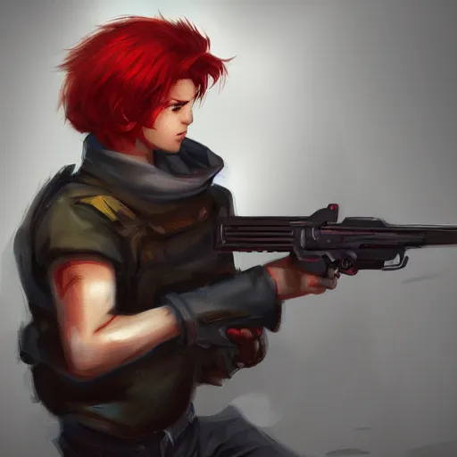 Prompt: a concept art of a boy with red hair holding a gun, highly detailed, digital painting, artstation, concept art, smooth, sharp focus, illustration