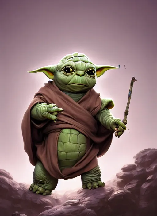 Image similar to cute wise sage turtle holding a staff, yoda - like, subsurface scattering, by jesper ejsing, justin gerard, tomasz alen kopera, cgsociety and fenghua zhong, highly detailed, rim light, cinematic lighting, illustration, art, octane render, very coherent, cinematic, hyper realism, high detail, octane render, 8 k