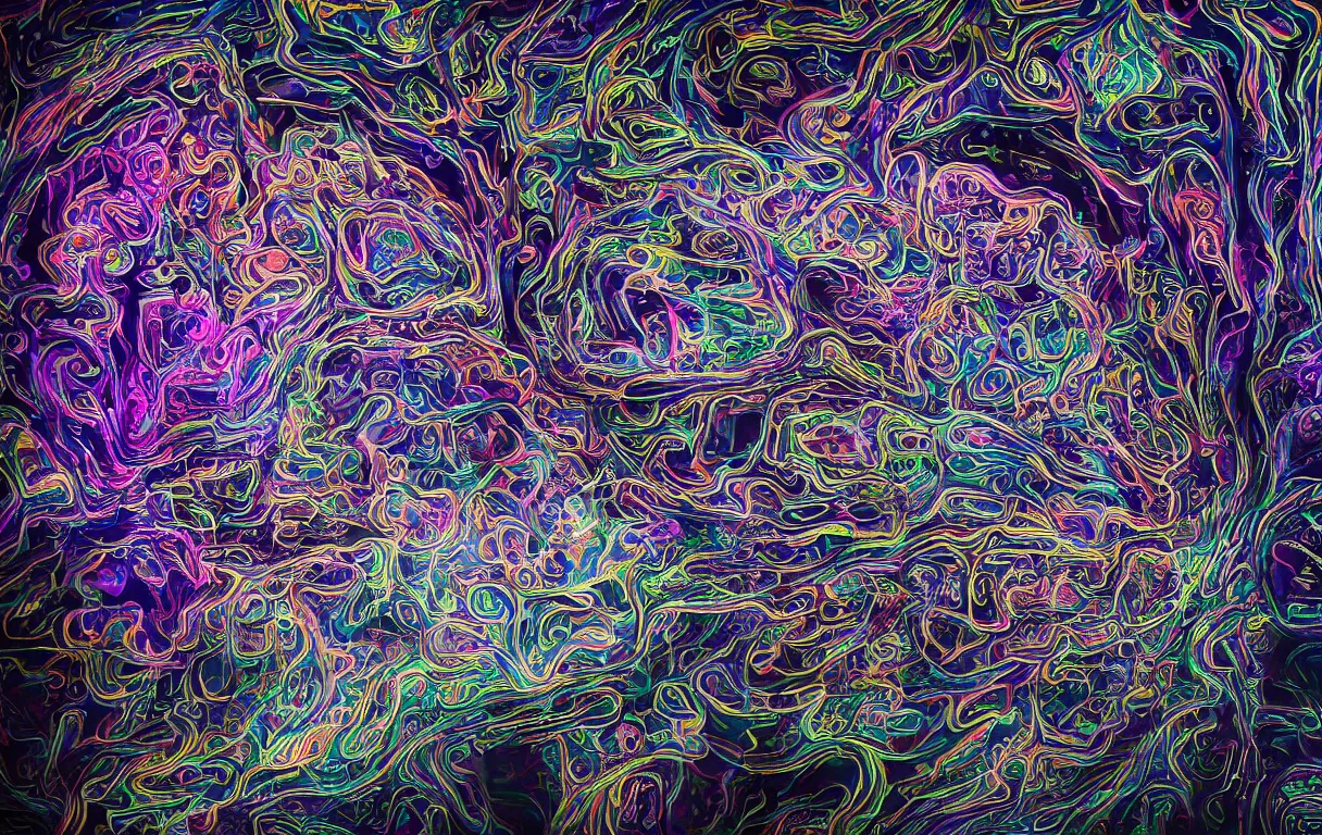 Prompt: the art of the inside of a brain by mia brownell, procedural psychedelic computer, chips architecture, very detailed, maximalism, ambient occlusion, volumetric light, atmospheric haze, hyper realism, realistic shading, cinematic composition, realistic render, artistic calligraphy on photography, wide shot