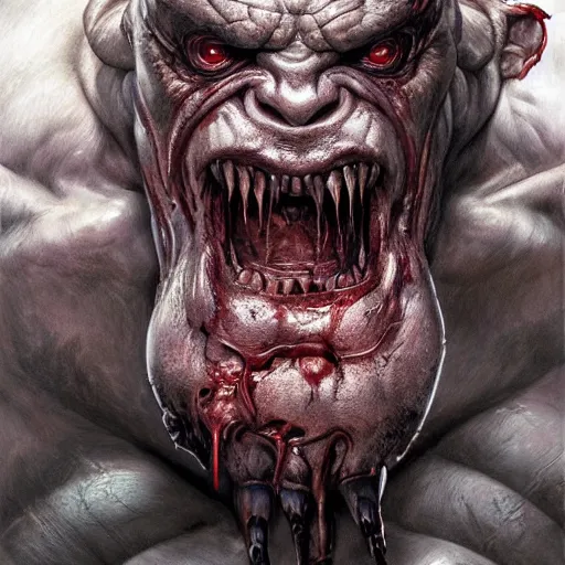 Image similar to Dark Fantasy Painting of a hulking muscular demonic flesh creature with drool dripping from its mouth, creepy, unsettling, horror, upper body, intricate, wild, highly detailed, digital painting, artstation, concept art, smooth, sharp focus, illustration, art by artgerm and greg rutkowski and alphonse mucha