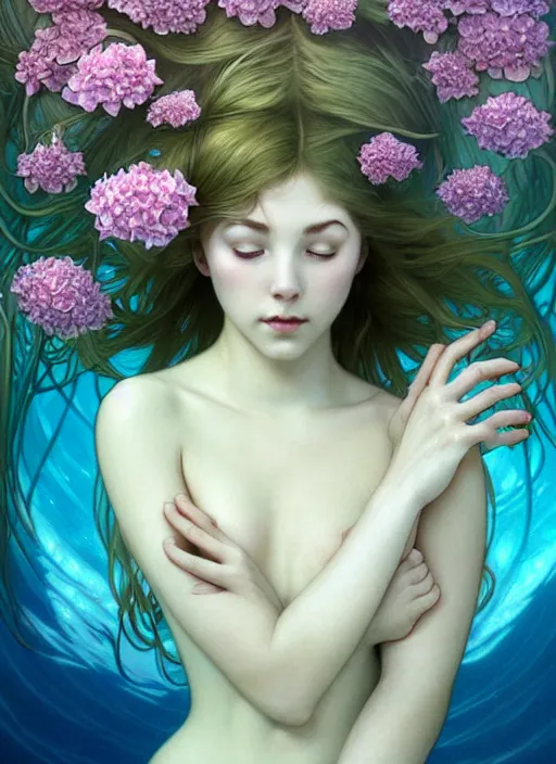 Image similar to an underwater photographic portrait of a seductive sleeping anthropomorphic hydrangea blossom, a perfect face!!!, fantasy, art nouveau, intricate, elegant, very very highly detailed, digital painting, artstation, concept art, smooth, super sharp focus, illustration, art by artgerm and h r giger and alphonse mucha