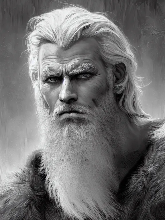 Image similar to painted portrait of rugged odin, god of war, norse god, white hair, masculine, mature, handsome, upper body, grey and silver, muscular, hairy torso, fantasy, intricate, muscular, elegant, highly detailed, digital painting, artstation, concept art, smooth, sharp focus, illustration, art by gaston bussiere and alphonse mucha