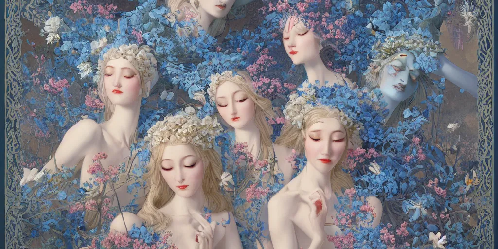 Image similar to breathtaking detailed concept art painting art deco pattern of blonde faces goddesses amalmation light - blue flowers with anxious piercing eyes and blend of flowers and birds, by hsiao - ron cheng and john james audubon, bizarre compositions, exquisite detail, extremely moody lighting, 8 k