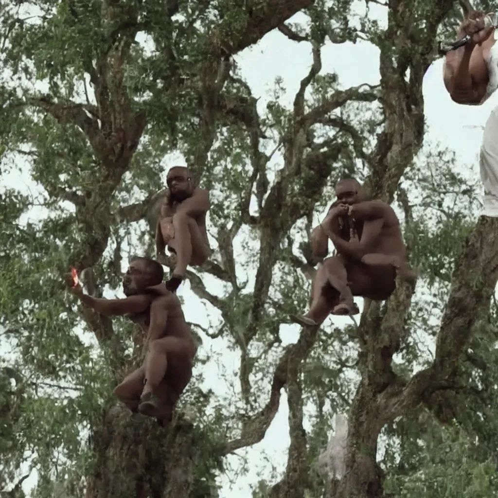 Prompt: kanye west singing to a tree and a cat riding a boat while eating a piece of ice. slow motion, lots of detail, very vivid.