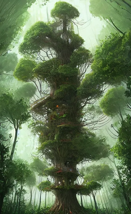 Prompt: a very tall tree with lots of plants growing on it, giant redwood treehouse, concept art by gediminas pranckevicius, cgsociety contest winner, fantasy art, dystopian art, made of vines, artstation hd