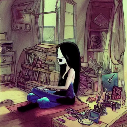 Image similar to lonely goth nerd sitting in cluttered room alone, by glen keane, aesthetic!!!, detailed, realistic, hyper realism, small details, goth aesthetic,
