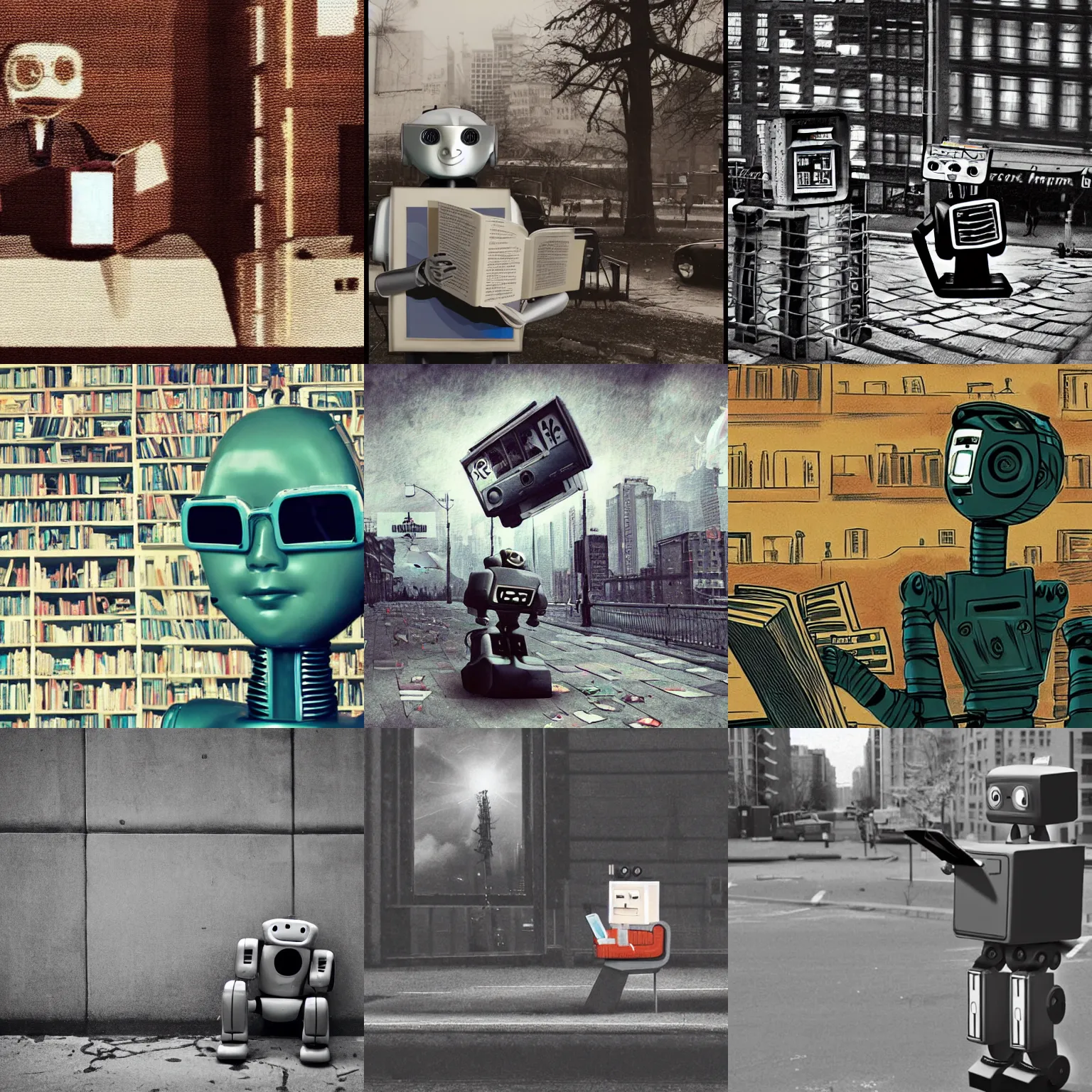 Prompt: <photo quality='prize winning' style=lofi>a city is nuked while a bored robot reads a book</photo>