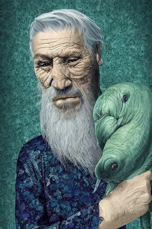 Image similar to portrait of a old man with cracked manatee skin. dark blue-green hair, shaved, dark flower pattern wallpaper background, high detail, by Eddie Mendoza