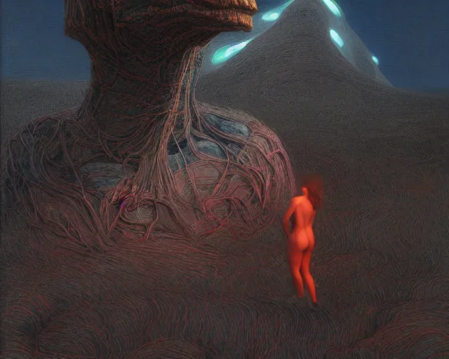 Image similar to iridescent, portrait, neon body, rocky lake shore, alien woman, a otherwordly huge monster is appraching from the horizon, glowing red, by edgar maxence and ross tran, zdzisław beksinski, and michael whelan, distant, gustav dore, h. r. giger, 8 k, octane render