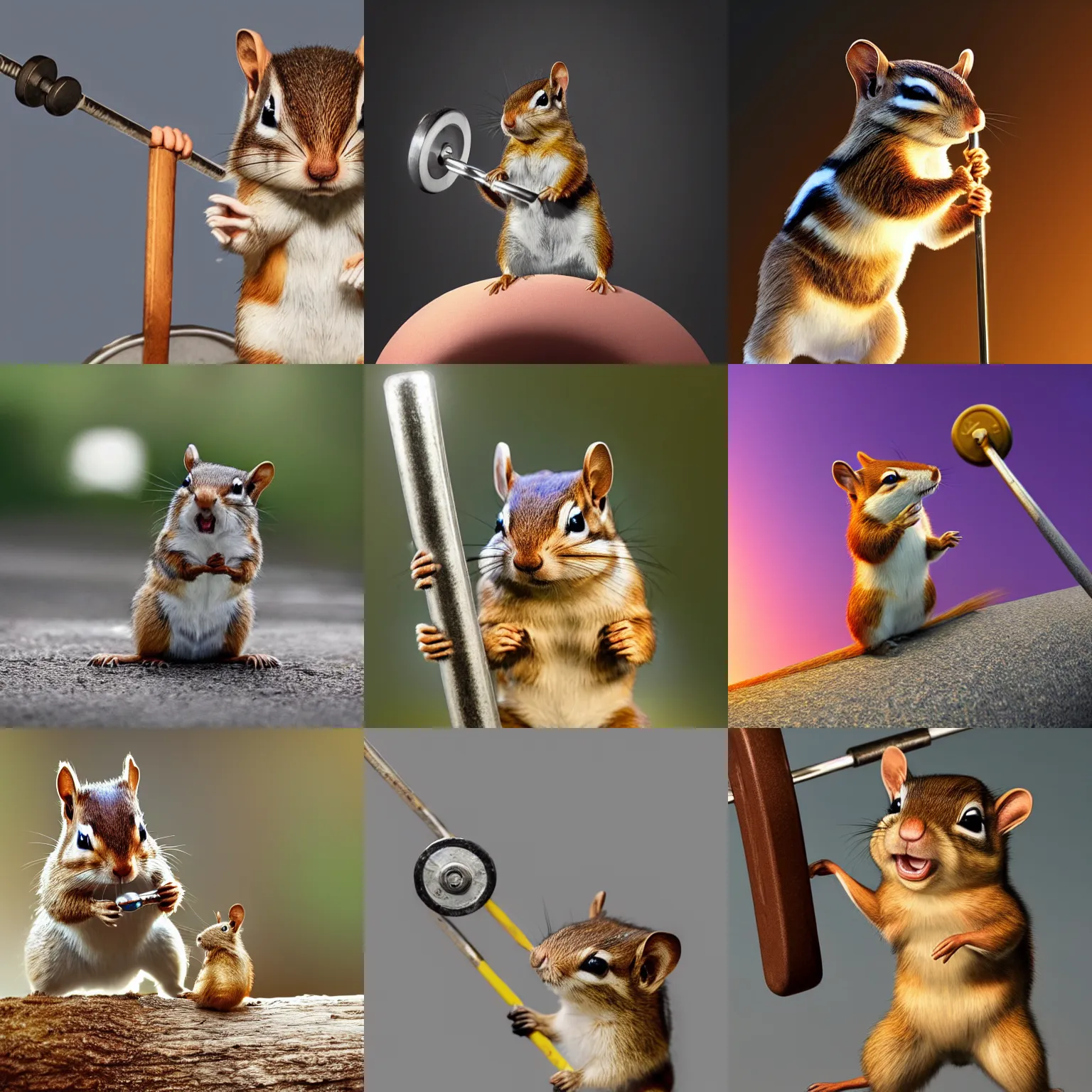 Prompt: a high quality photo of a chipmunk lifting barbell over it's head, hands up, facing forward, render, ultra photorealistic, epic lighting, cgsociety