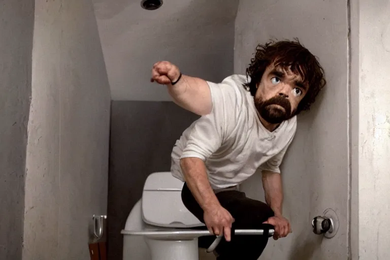 Image similar to peter dinklage climbing out of a toilet, movie still, from the new sleepaway camp movie, 8 k, realistic