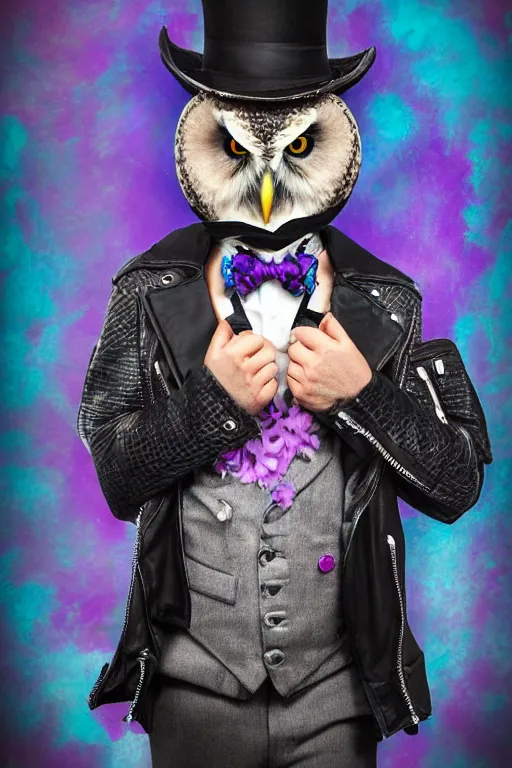 Prompt: owl wearing black biker jacket, portrait photo, backlit, studio photo, suit, bow tie, background pastel, swirling kobalt blue and rich purple, tophat, tophat