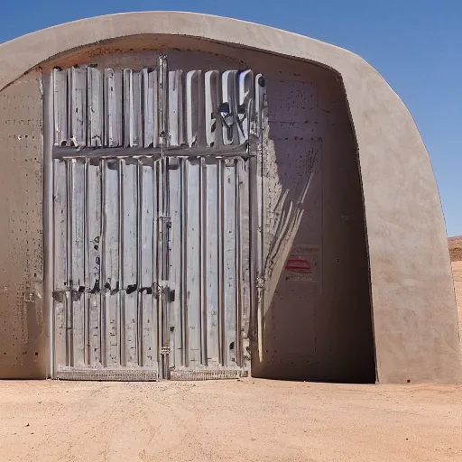 Prompt: a giant closed metal gate inside a secret laboratory in the desert