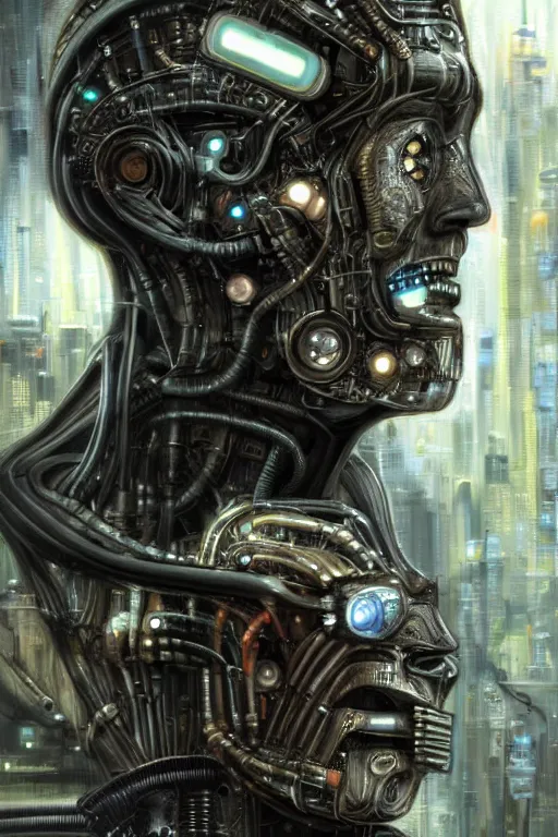 Image similar to an extremely high quality hd, a digital painting of a man's face surrounded by mechanical parts, cyberpunk art by h. r. ( hans ruedi ) giger, featured on cgsociety, afrofuturism, circuitry, tesseract, dystopian art, 8 k, ultra realistic, very realistic