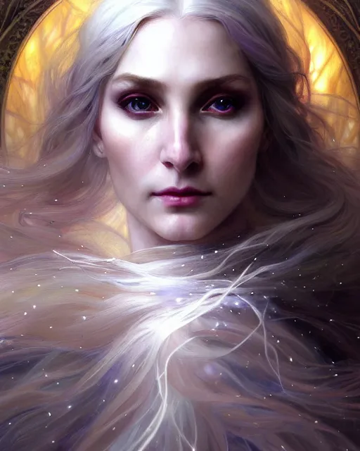 Image similar to realistic portrait of a beautiful white witch, crafting spells, bright witch, beautiful face, fantasy, chaos, magic, dark magic, dramatic lighting, intricate, wild, highly detailed, digital painting, artstation, concept art, smooth, sharp focus, illustration, art by artgerm and greg rutkowski and alphonse mucha, footage from space camera