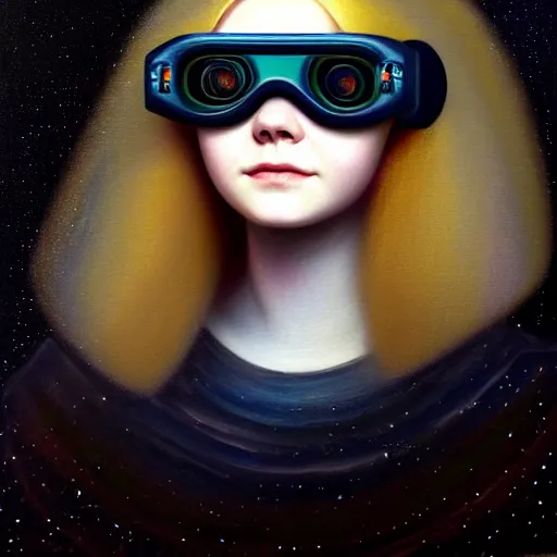 Prompt: portrait of a elle fanning wearing night vision goggles in the dark depths of space, detailed realism face in painting, detailed beautiful portrait, oil painting masterpiece, 8 k resolution, smooth, sharp focus, trending on artstation, by rembrandt