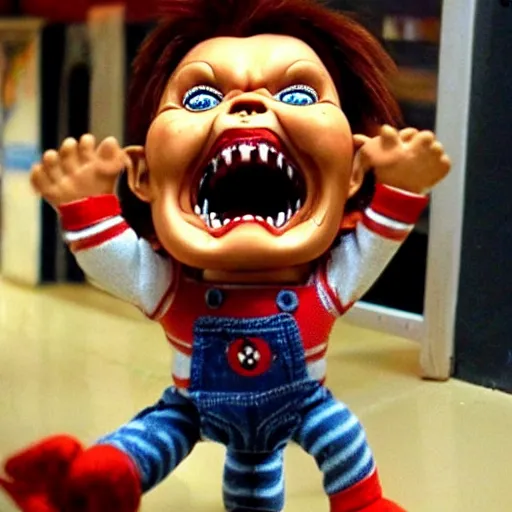 Prompt: chucky doll screaming!!!! at ice cream on the ground