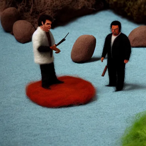 Image similar to needle felted scene featuring john travolta and samuel l jackson in pulp fiction, highly detailed, tilt shift, atmospheric, hyperrealism, highly textured, god rays, action