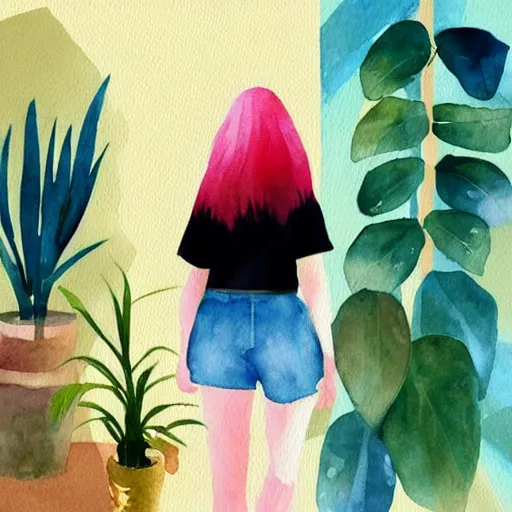 Prompt: a room full of beautiful house plants and a pretty caucasian woman with pale skin, long black hair with bangs, wearing shorts and t shirt, walking happily, abstract, golden light, beautiful watercolor art trending on artstation